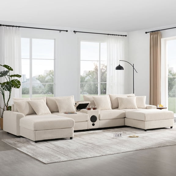 141.5*64'' Corduroy Sectional Sofa with Bluetooth Speakers, U-Shaped Couch with Console, USB Charger, Cup Holders, Storage, Ottoman, Deep and Wide Seat Cloud Sofa for Living Room&Apartment