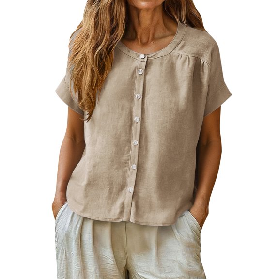Shirts Tops for Women Linen Cotton Blend Button Down Casual Short Sleeve Loose Fit Summer Blouse Tank Top
