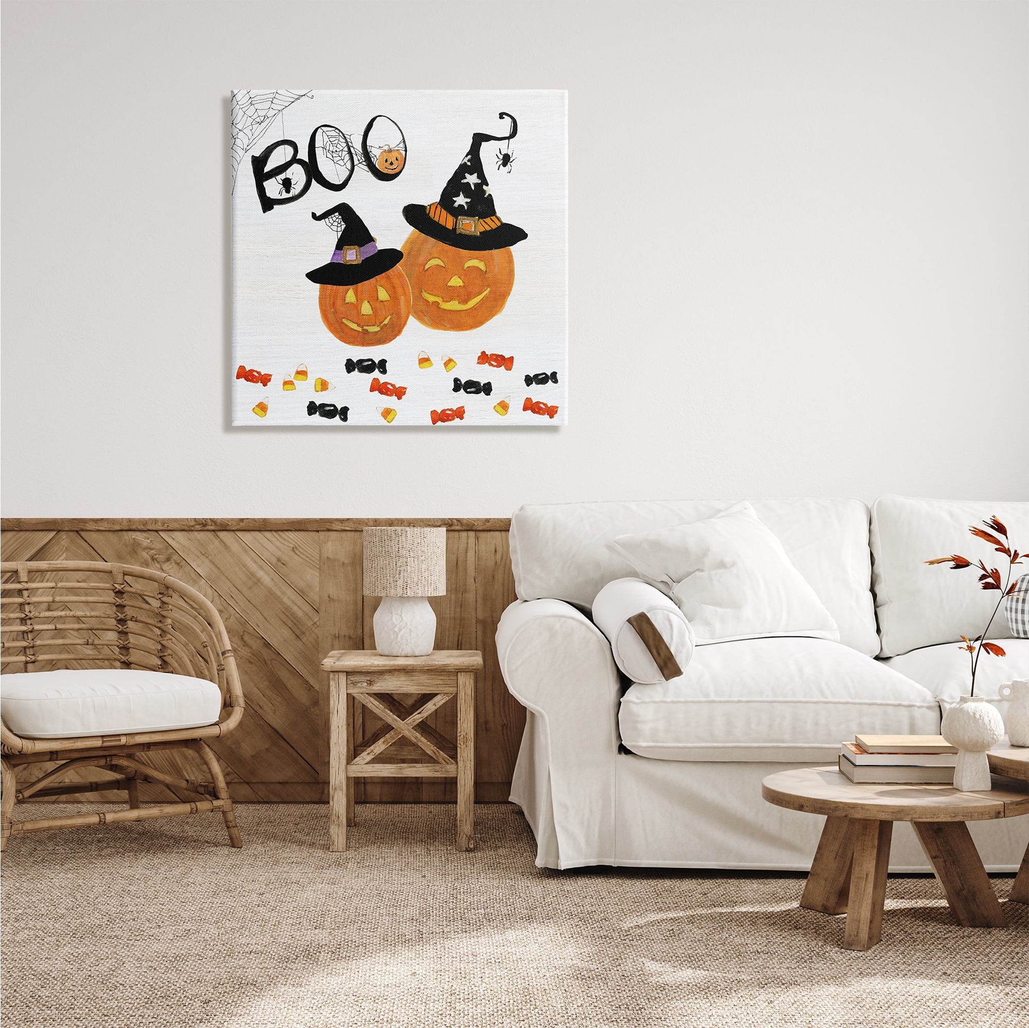 Stupell Indtries Boo Phrase with Orange Pumpkins Witch Hats,30 x 30,Design by Sally Swatland