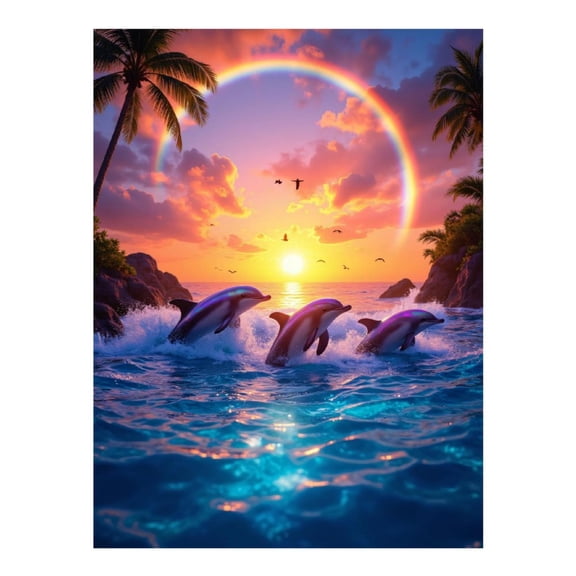 Diamond Art Kit for Adults, Dolphins Sunset Rainbow Ocean Wave Diamond Painting for Adults Beginners, 5D DIY Diamond Art Painting Kits, Colorful Diamond Painting Craft for Home Decor 12x16