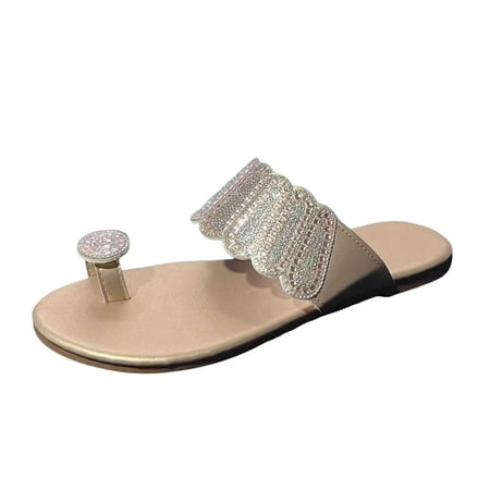 

GHSOHS Womens Sandals Large Size Shoes for Women Slippers Flip Flops Roman Sandals Fashion Summer Rhinestone Toe Covers Versatile Flat Bottomed Beach Sandals Work Shoes 37