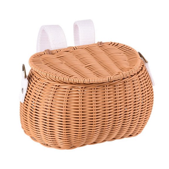 Children Bike Basket Bike Scooter Tricycle Basket Shoulder Strap Bicycle Front Handlebar Basket Rattan Basket for Kids PP Brown