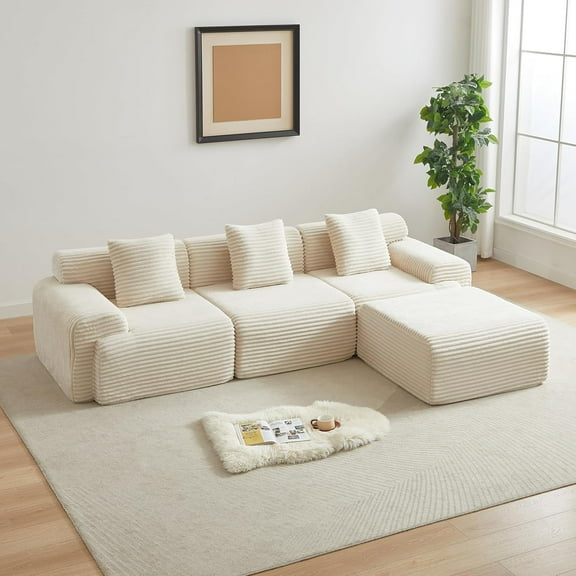 114" Oversized Cloud Sectional Sofa, Modern L-Shaped Corduroy Modular Couch with Pillows, Comfy Boneless Sofa for Living Room, No Assembly,Beige
