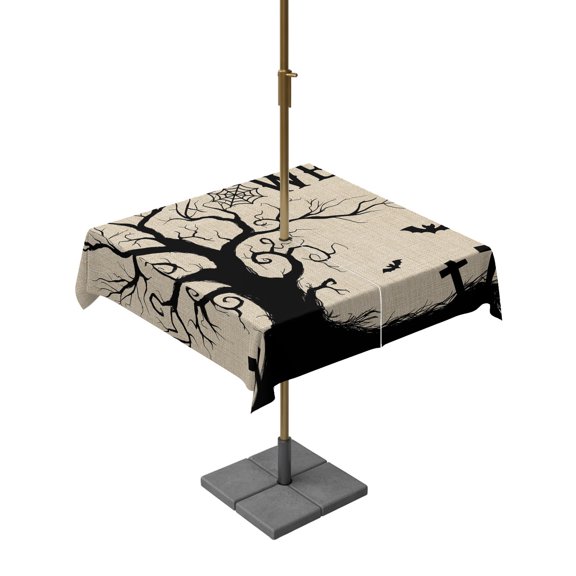 Outdoor Tablecloth with Umbrella Hole, Halloween Dead Trees Crow Zippered Table Cloth for Rectangle Tables, Retro Linen Texture Washable Waterproof Tablecloths for Picnic Patio Garden