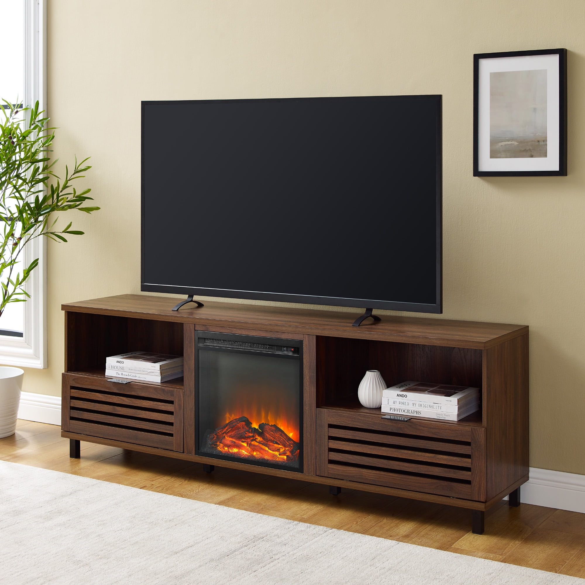 Manor Park Industrial Fireplace TV Stand for TVs up to 80", Dark Walnut - Walmart.com