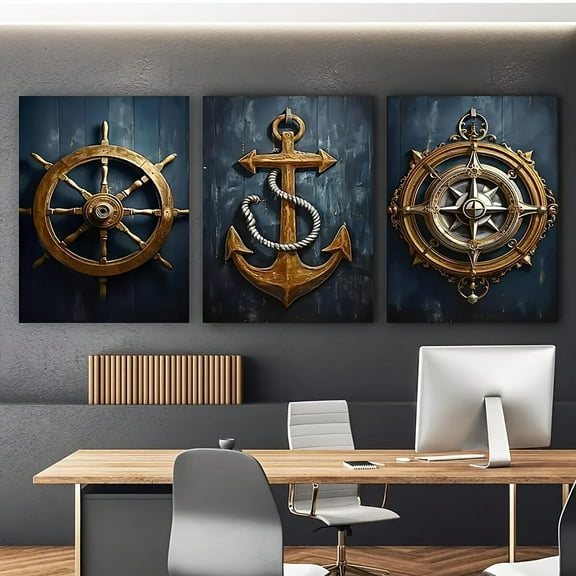 Nautical Coastal Wall Art Prints Set of 3, Ship Helm, Anchor, Compass Decorative Posters, Frameless Marine Themed Artwork for Living Room - Interior Portrait Orientation