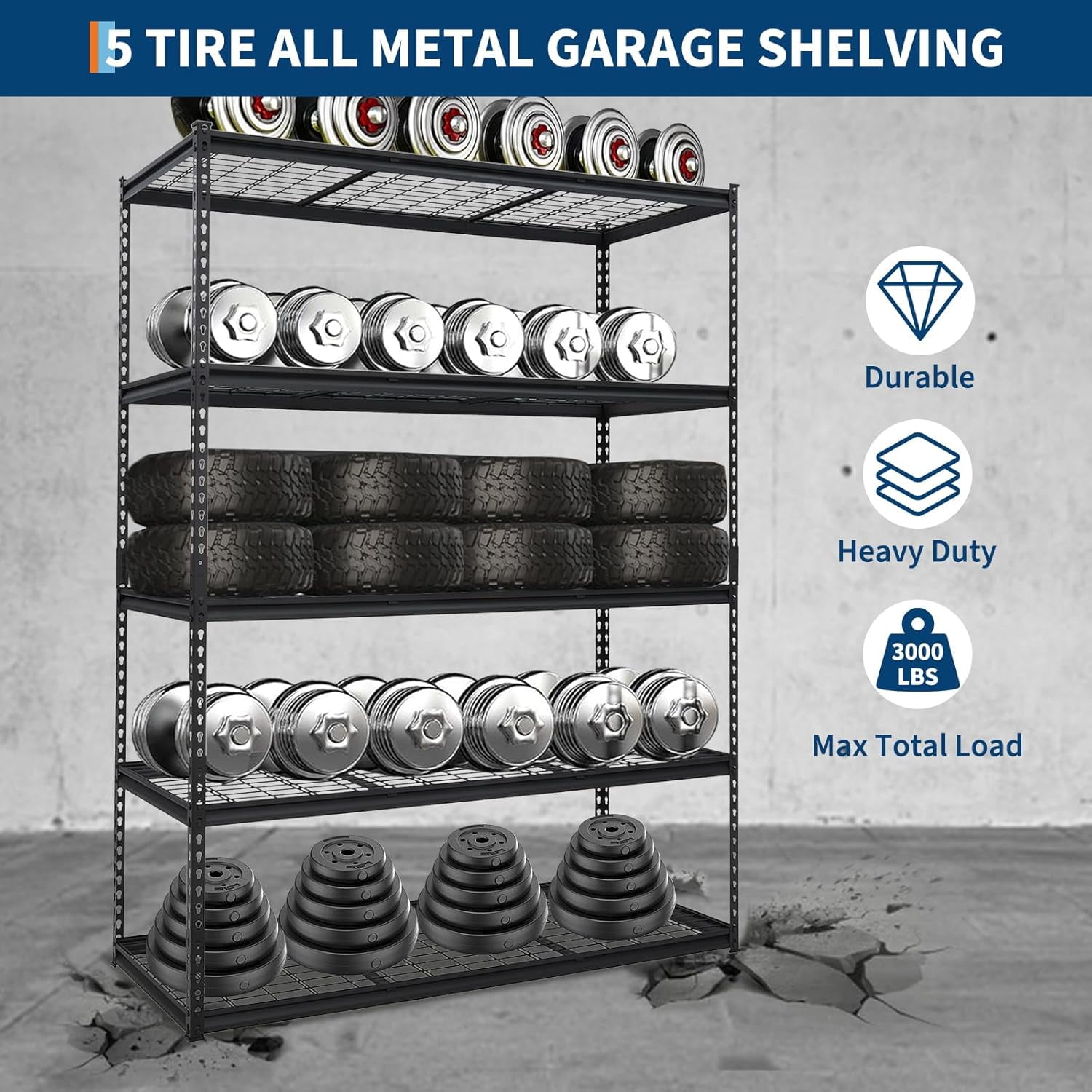 2500LBS 60" W x 24" D x 72" H Heavy Duty Garage Shelving, Adjustable 5-Tier Storage Shelves, Industrial Metal Shelving Units, Steel Organizer Wire Rack, Black