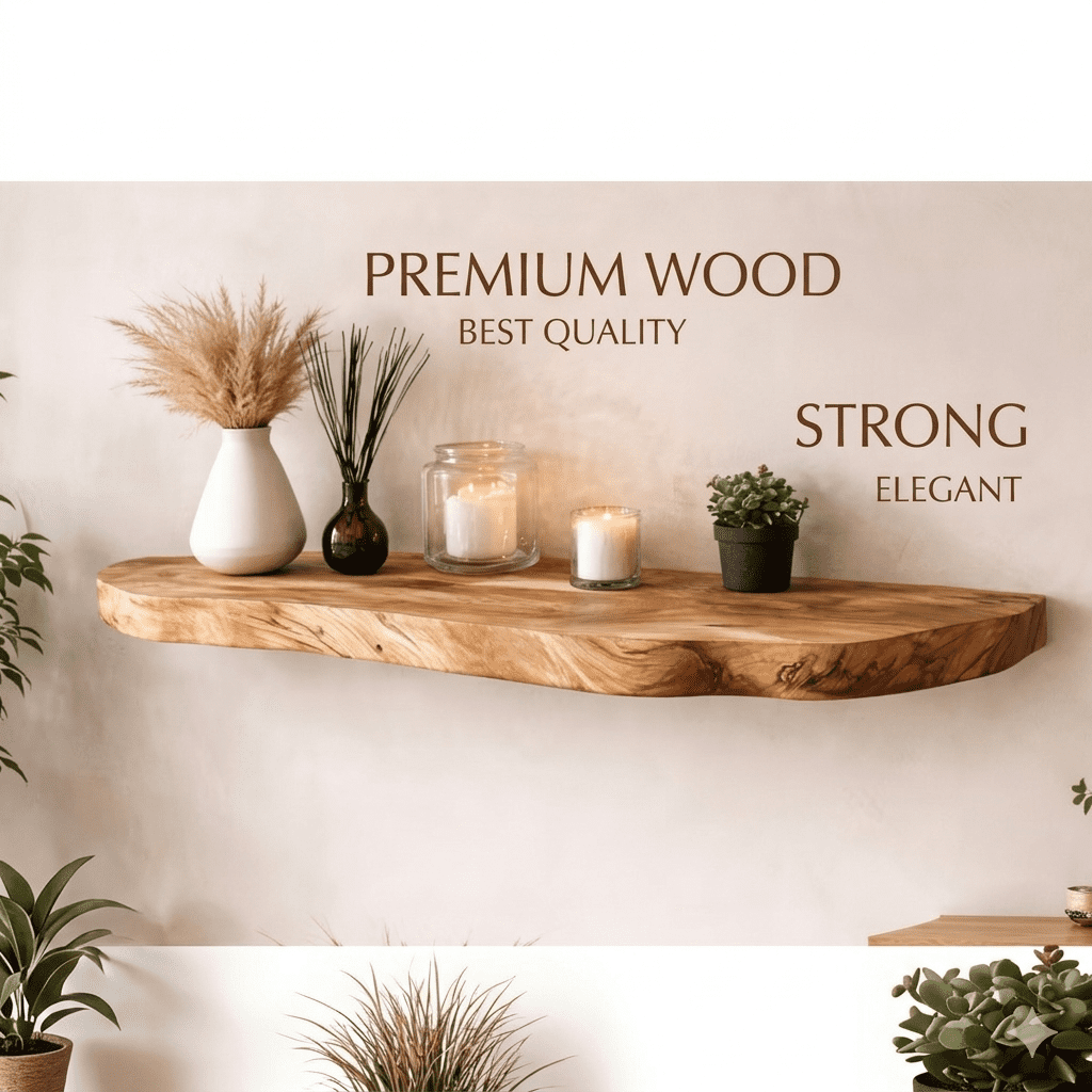 Rustic Floating Wall Shelf, Solid Wood, Live Edge Design, Natural Wood Grain