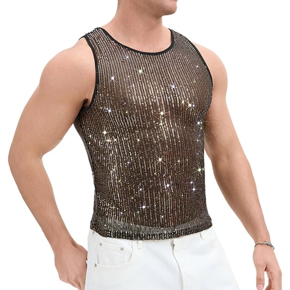 YAYUBA Men's Striped Sequin Tank Top for Rave, Sparkly Metallic Reflective Mesh Shirts, Gold, XL