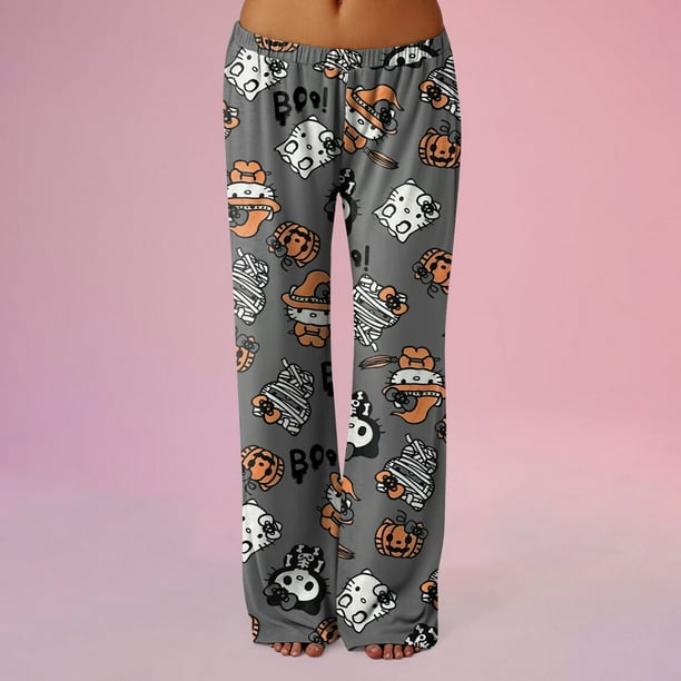 Kawaii Pajamas for Women Girls Cartoon Cat All Over Print Flannel Christmas Halloween Anime Soft Sleep Pajamas Pants