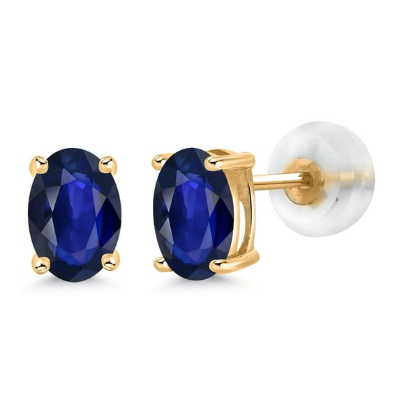 Gem Stone King 14K Yellow Gold Oval Blue Sapphire Stud Earrings | 0.90 Cttw | Gemstone September Birthstone | Oval 6X4MM | Gold Earrings for Women Men