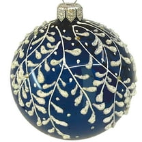 Blue Leaf Design Glass Ornament - European Mouth Blown Ball Holiday Christmas Tree Decoration