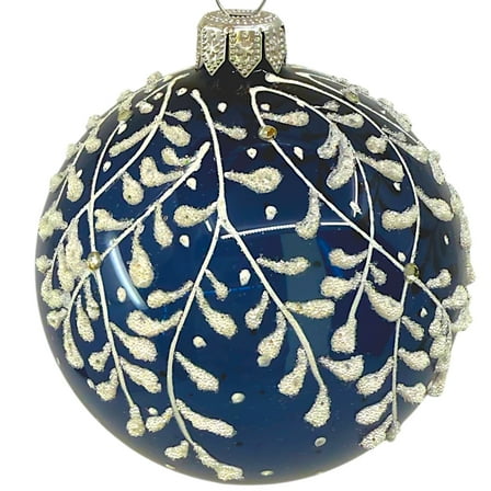 Blue Leaf Design Glass Ornament - European Mouth Blown Ball Holiday Christmas Tree Decoration