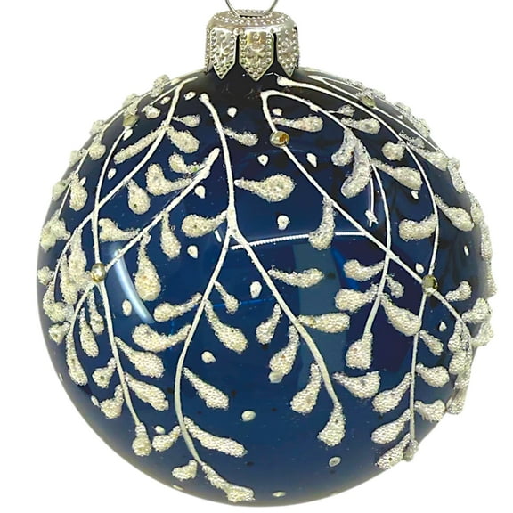 Blue Leaf Design Glass Ornament - European Mouth Blown Ball Holiday Christmas Tree Decoration