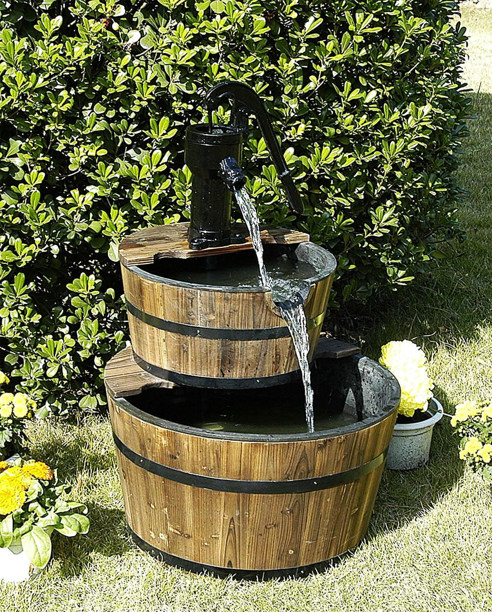 Westcharm Extra Large Cascading Water Fountain for Outdoor Outside Patio Yard | Decorative 2-Tier Wood Barrel Fountain with Pump | 37.5" Tall Garden Waterfall Fountain