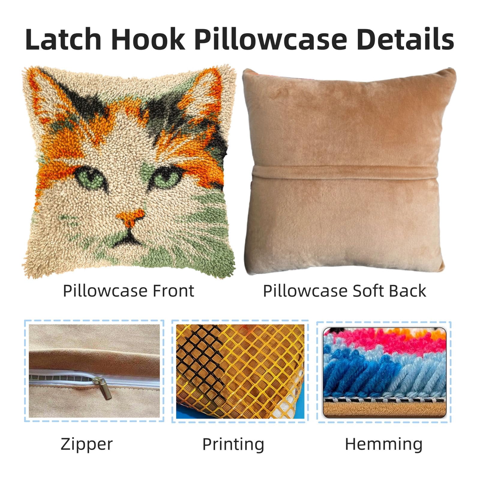 DIY Latch Hook Pillow Kits Cat Face Printed Pillowcase Crochet Yarns Hooking Handmade Pillow Cover Cushion for Home Sofa Decoration 17x17inch-1