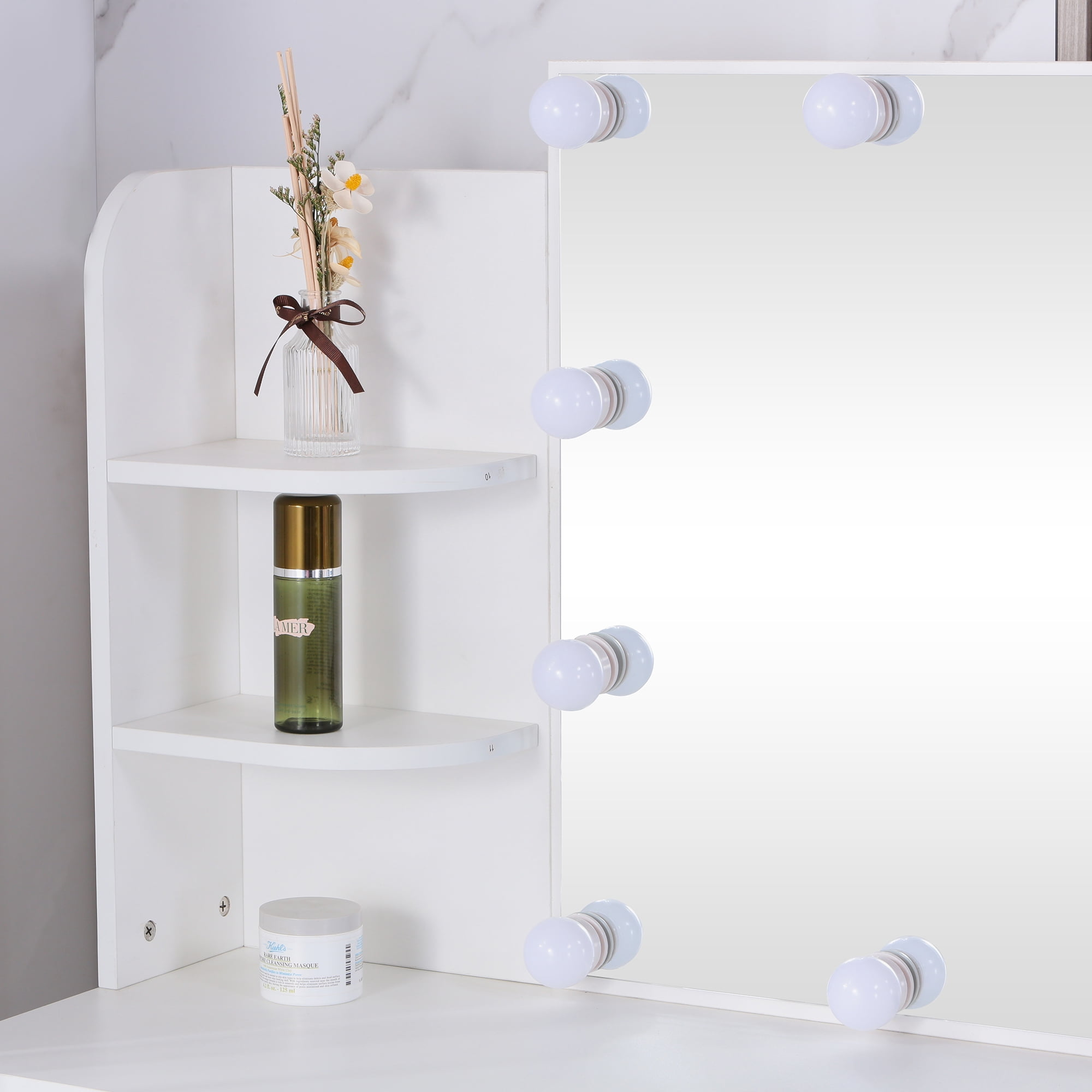 Kadyn Large Vanity Set, Vanity Table Set with 10 Light Bulbs, Makeup Vanity Desk with Cushioned Stool, 6 Storage Shelves 2 Drawers for Bedroom, White Kadyn Large Vanity Set, Vanity Table Set with 10 Light Bulbs, Makeup Vanity Desk with Cushioned Stool, 6 Storage Shelves 2 Drawers for Bedroom, White