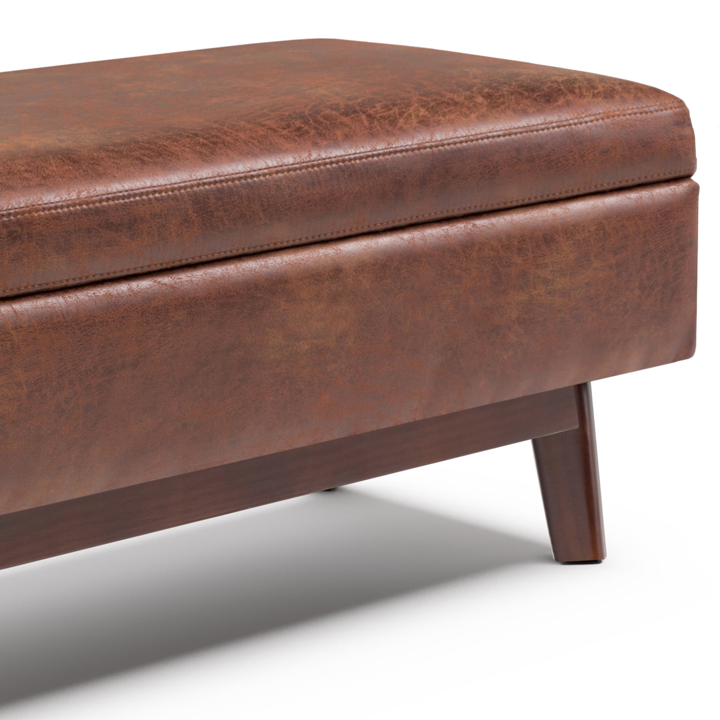 Simpli Home Owen 48 inch Wide Mid-Century Modern Rectangular Storage Ottoman in Distressed Saddle Brown Vegan Leather