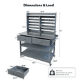 thumbnail image 4 of Outdoor Potting Bench with Storage, Rolling Gardening Table on Wheels with Stainless Steel Top, Solid Wood Work Station with Adjustable Shelves, Drawers, Grey+Blue, 4 of 10