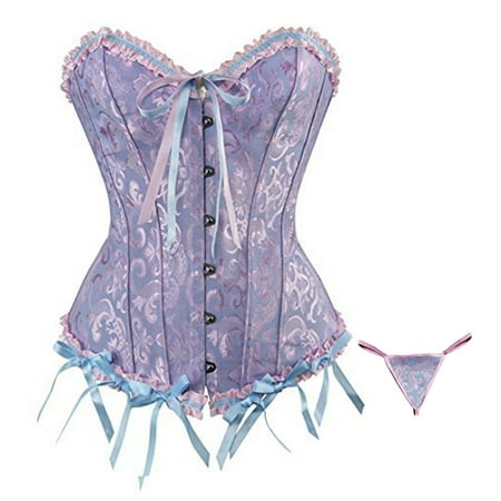 TrdSipl Corset Lingerie for Women Lace Up Plus Size Corset Lingerie Satin Boned Tummy Control Shapewear Sexy Floral Pleated Trim Steampunk Costume Light Blue L
