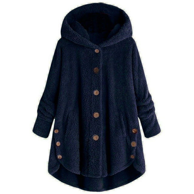 Veste Femme Mode Bouton Laine Moelleuse à Capuche Veste Ample Hiver Chaleur Grande Taille