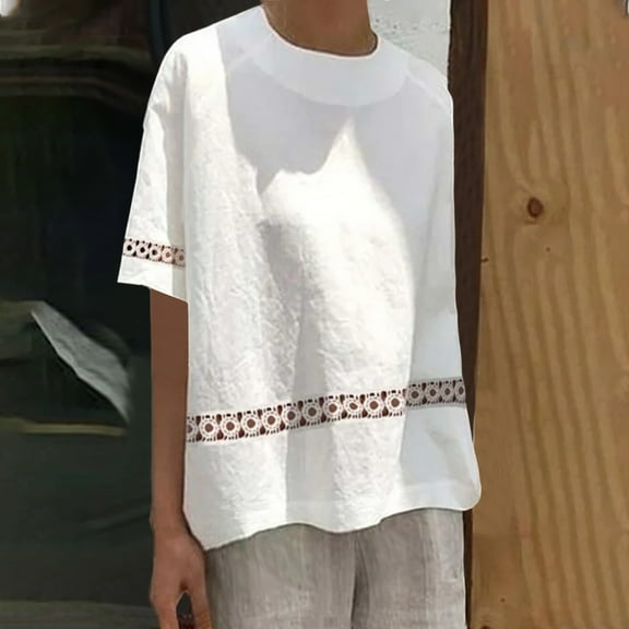 NSLGXD Womens Summer Tops Casual Cotton Linen T-Shirts Eyelet Short Sleeve Mock Neck Shirts Loose Fit Comfy Solid Color Basic Blouses Going Out Tops for Women