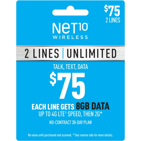Net10 $75 Unlimited Family & Friends Plan for 2 Lines (8GB of data per line at high speeds, then 2G*) (Email