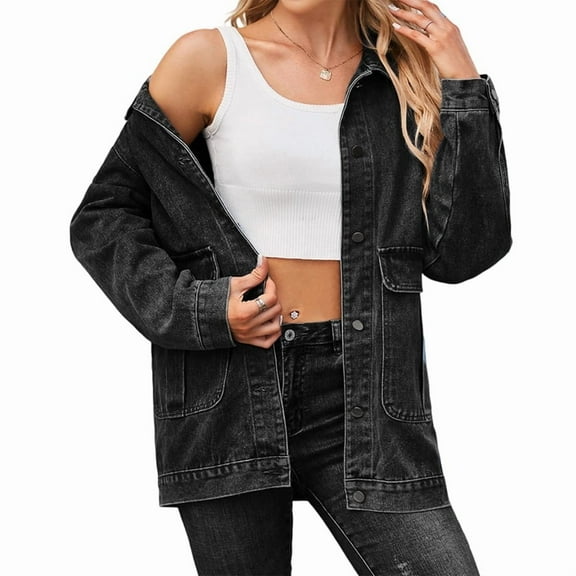 Denim Jacket for Women Button Down Vintage Distressed Blue Jean Jacket Black Grey M