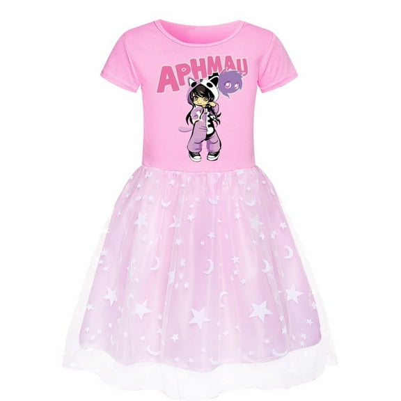 APHMAU girls' dress, children's movie and TV game cartoon round neck pure cotton short sleeved mesh dress, half skirt, suitable for children aged 4-10