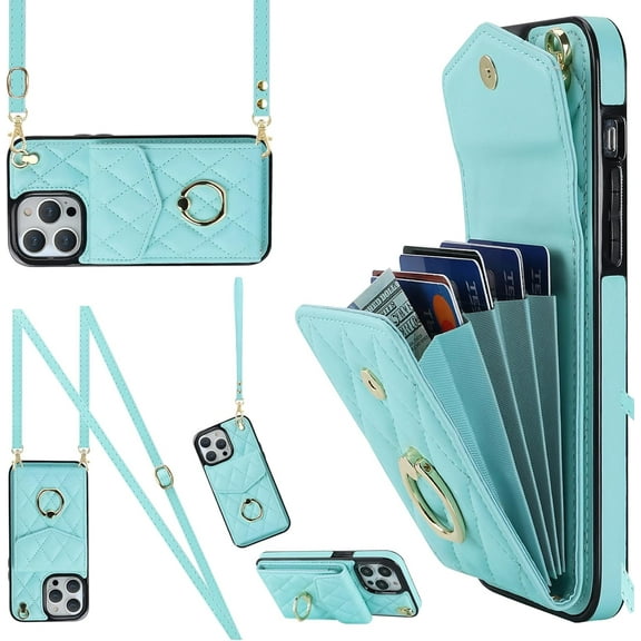 MYKOMI Crossbody Wallet Phone Case Compatible with Apple iPhone 14 Leather Case with Card Holder & 360° Ring Kickstand & Wrist Strap Purse Cover Magnetic Closure Flip Handbag Women Shell