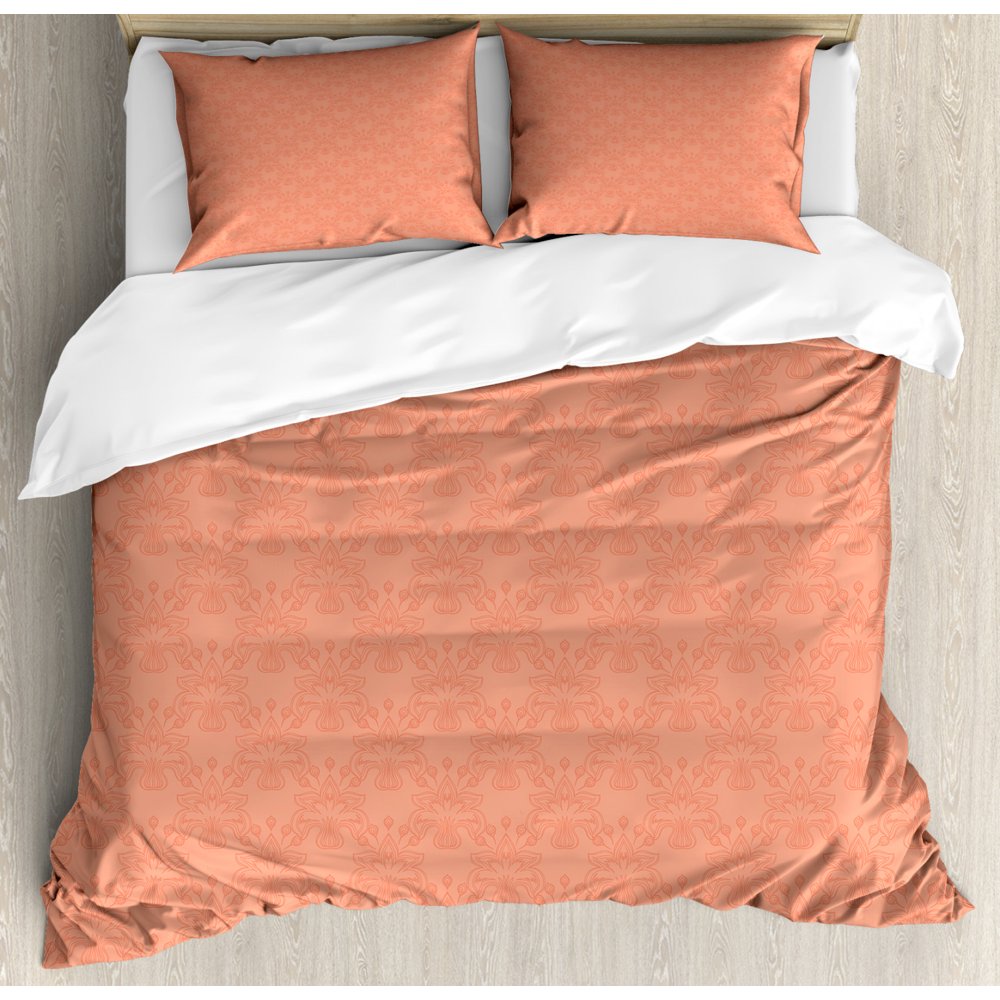 Peach Duvet Cover Set, Flower Ornate Pattern Nature Inspired Image with
