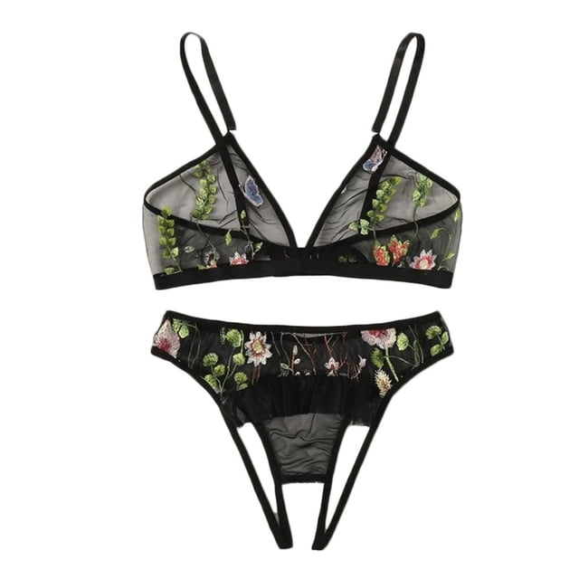 Gibobby Conjunto de lencería Sujetador + tangas Lencería Sujetador de encaje Tanga Bordado Conjunto de ropa interior + Tanga abierta Íntimos de mujer(Negro, G)