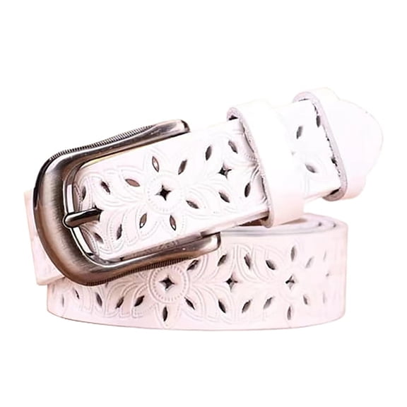 Hollow Leather Belt,Metal Buckle Waistband,Jeans Decorative Belt,Retro Genuine Leather Waist Belt Delicate Hollow Flower Carving Classic Metal Buckle Adjustable Wide Band for Jeans Pants,White,S