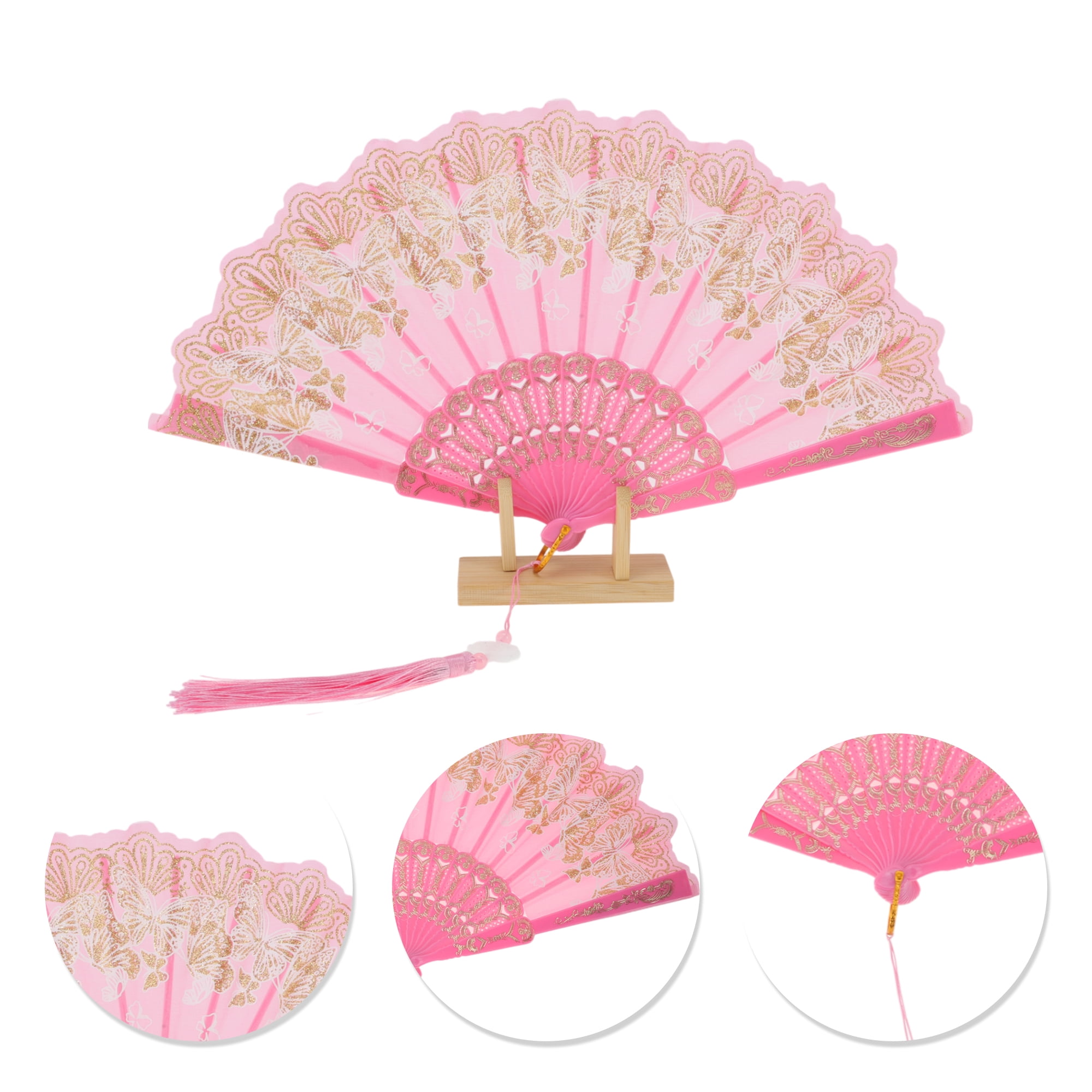 Unique Bargains Elegant Butterfly With Tassel Folding Fan 1PC Pink