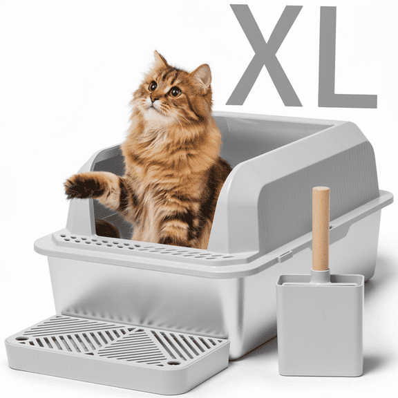 Naipo XL Stainless Steel Cat Litter Box with High Wall Side, 23.5"×15.5"×12", XL Litter Box for Small/Big/Multi Cats, with Scoop and Footboard, Gray