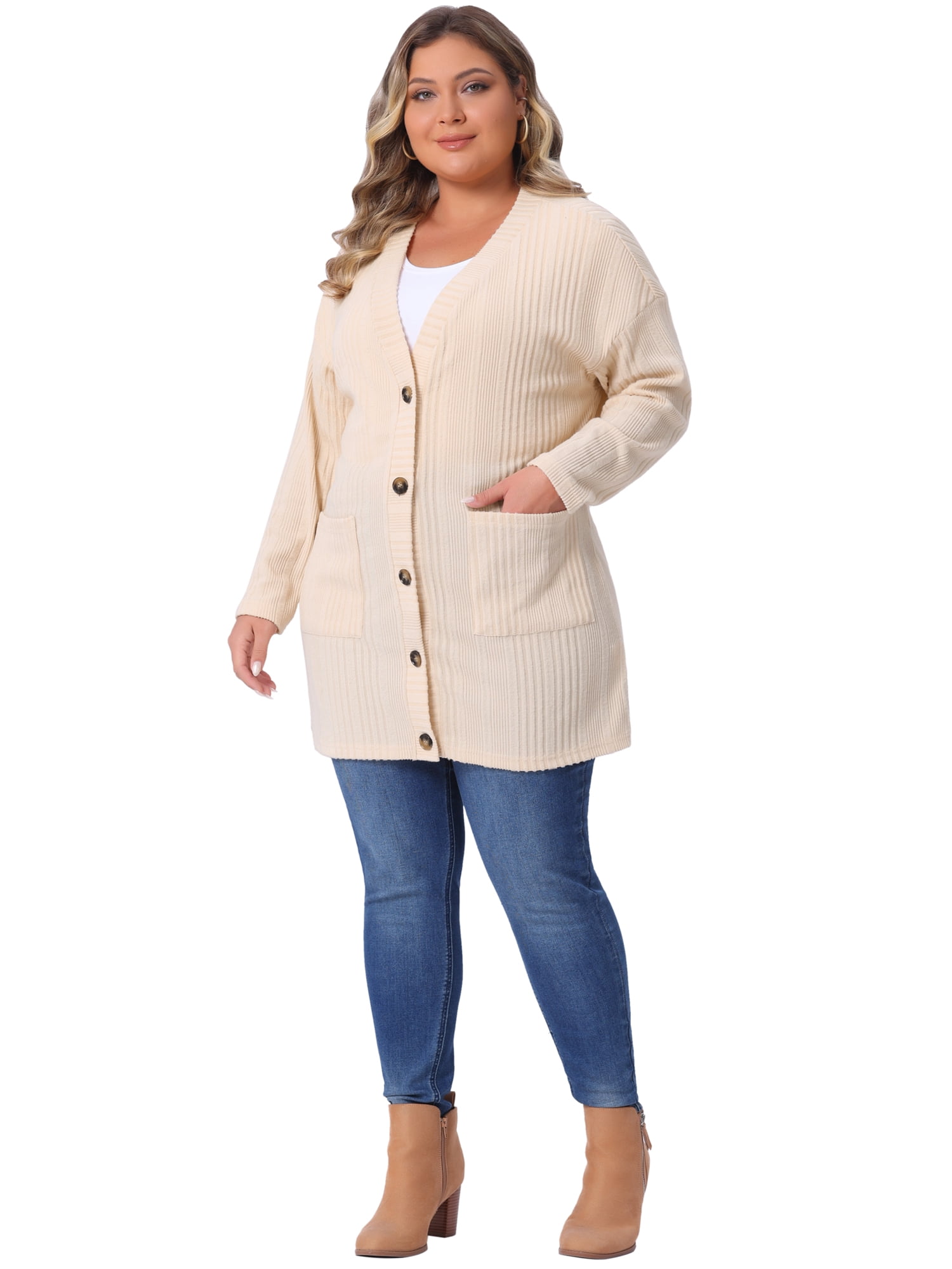 DARING DIVA Women's Plus Button V Neck Knit Cardigan with Pockets 3X Apricot
