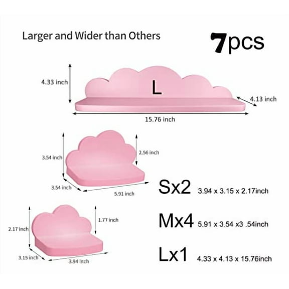 Veluckin Small Floating Shelves Mini Cloud Shelves Hanging Display Wall Shelf for Kids Bedroom,7 Pack,with 2 Types of Installation,Pink-L