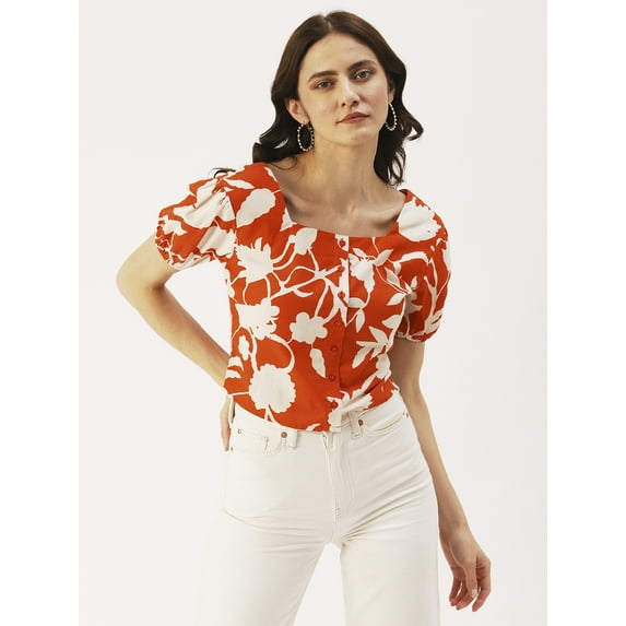 DressBerry Women’s Printed Cotton Flex Square Neck Top Front Buttoned Short Puffed Sleeves Waist Length Party Wear Light Weighted Casual Summer Top
