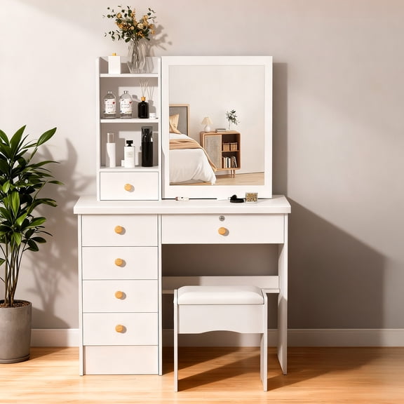 Fompes Makeup Vanity Desk with Mirror, Vanity Table and Chair Set with 6 Drawers, Open Shelves, Hidden Storage Space, Bedroom Dresser with Mirror, White