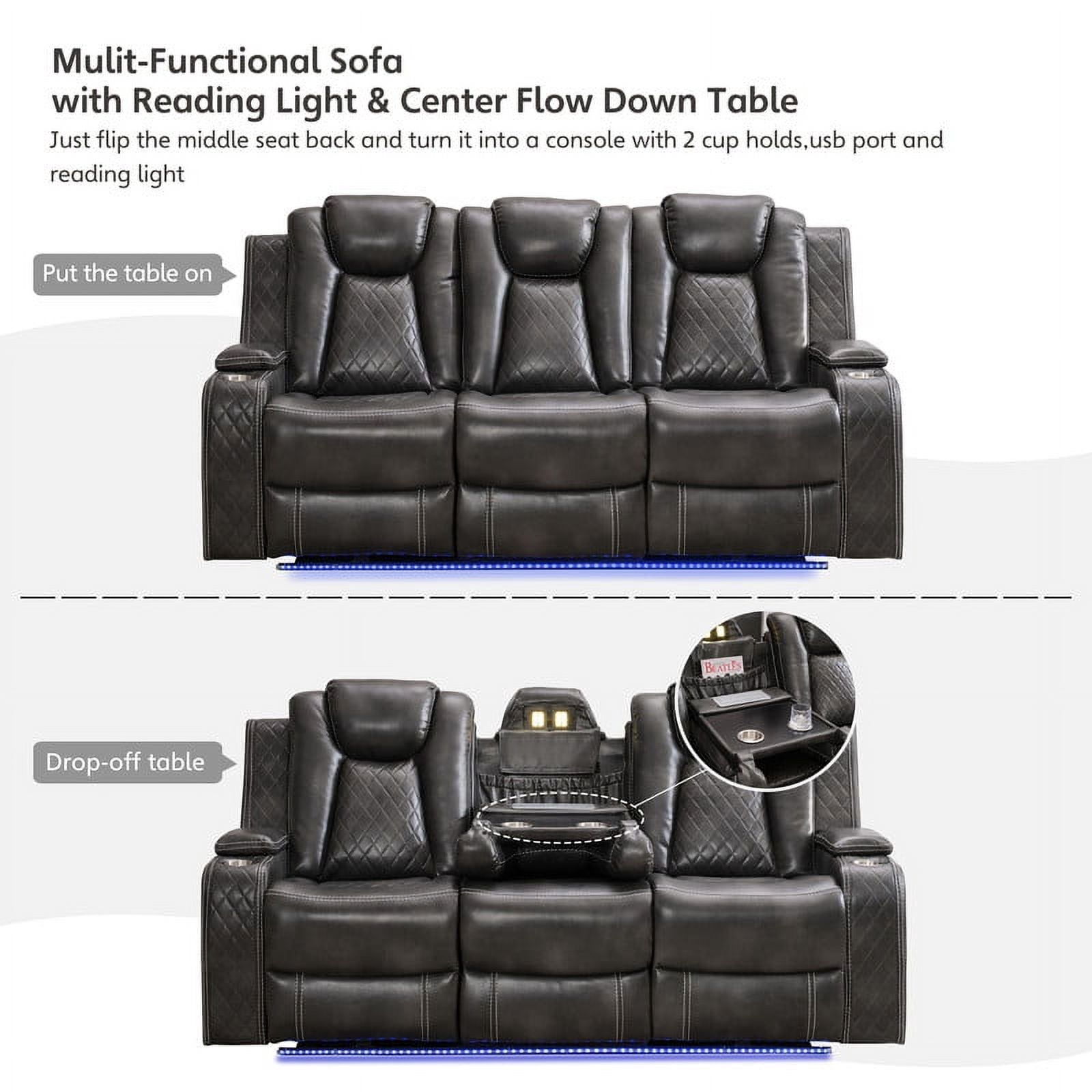 3-Seat Power Recliner Chair Sofa Set for Living Room,Gray Faux Leather Electric Home Theater Seating Reclining Sofa Couch with Flipped Middle Backrest,LED Light,USB Port,Cup Holder,Hidden Arm Storage