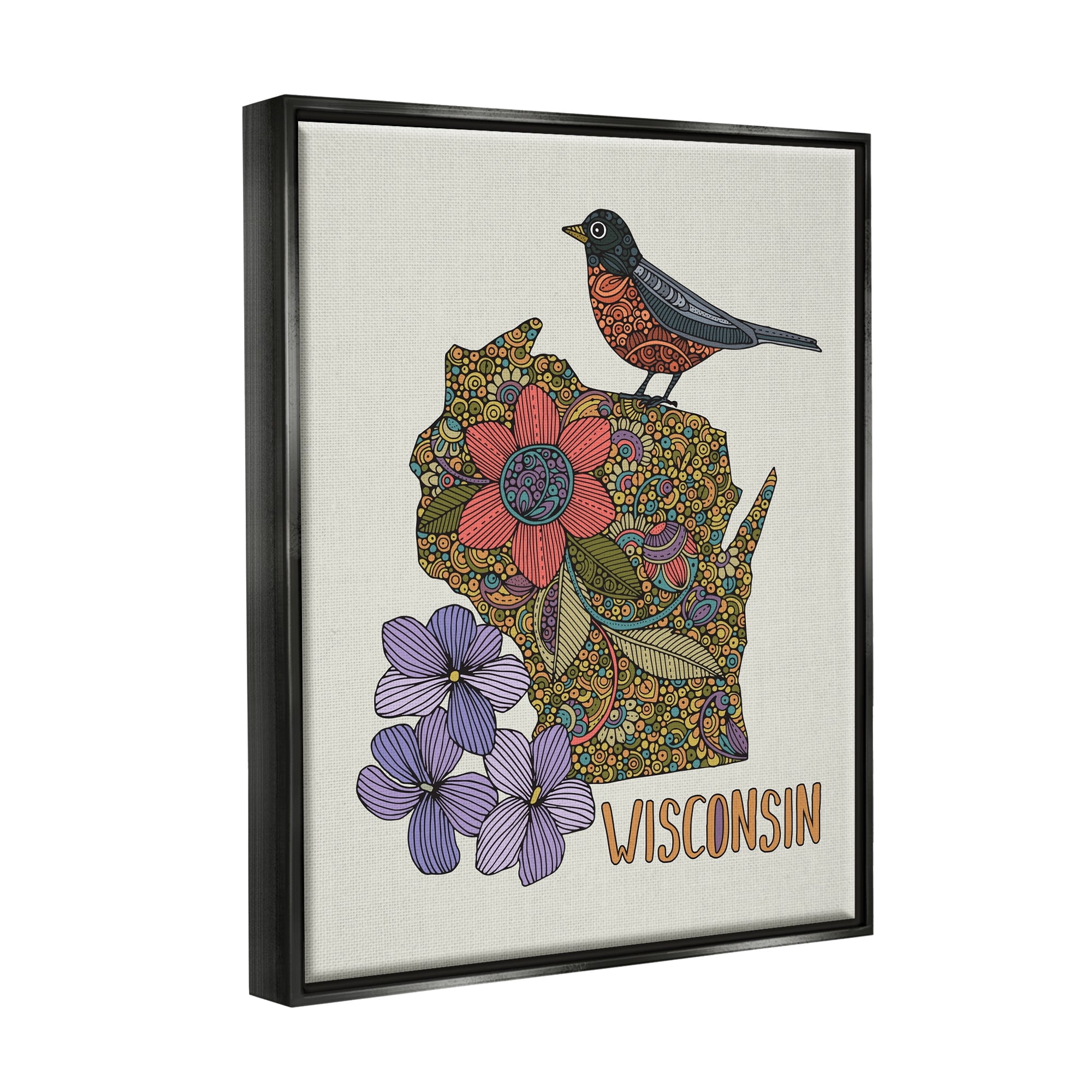 Stupell Industries Intricate Wisconsin Robin State Flower Pattern Design Graphic Art Jet Black Floating Framed Canvas Print Wall Art, Design by Valentina Harper