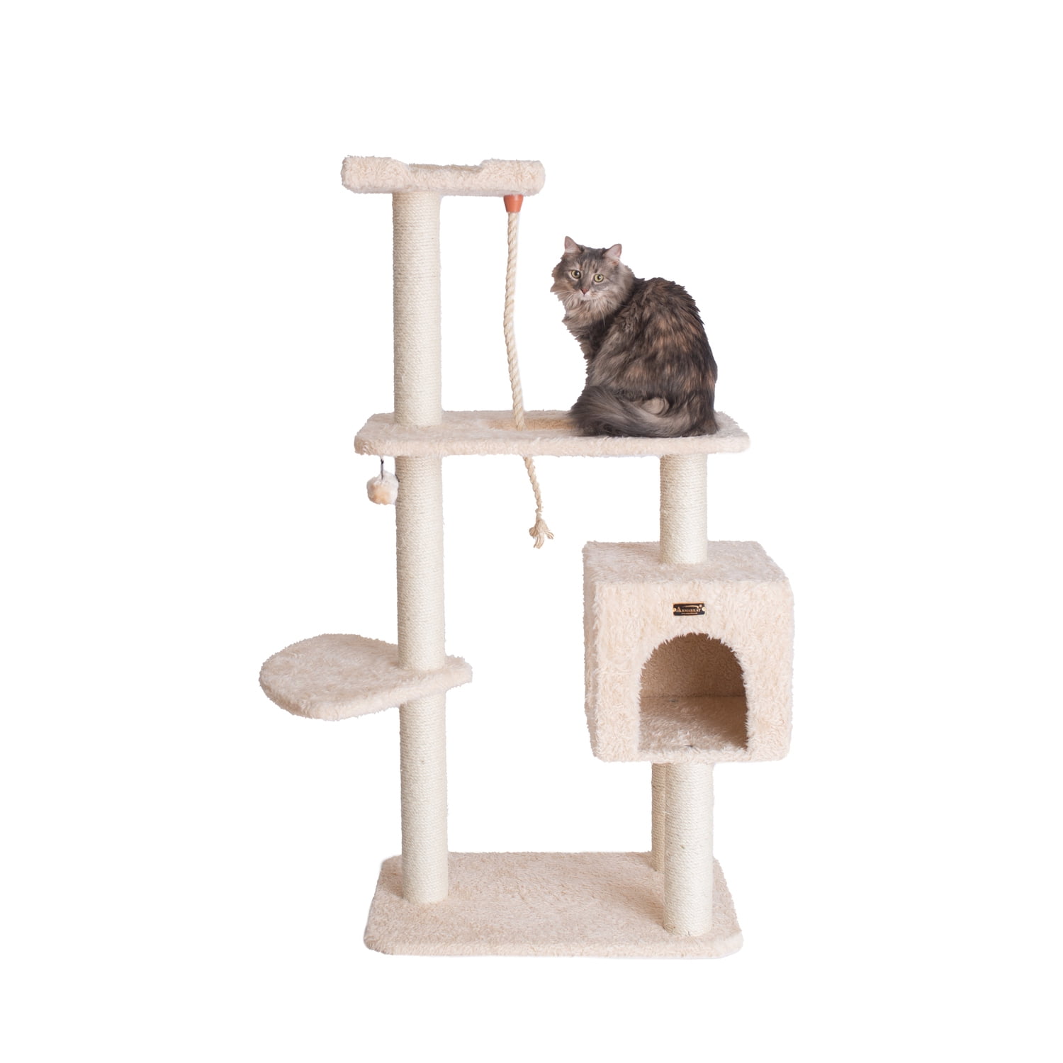 Cat Tree - Beige Faux Fur - 40" Tall - Playhouse, Ramp & Perch - 40 lb Weight Capacity