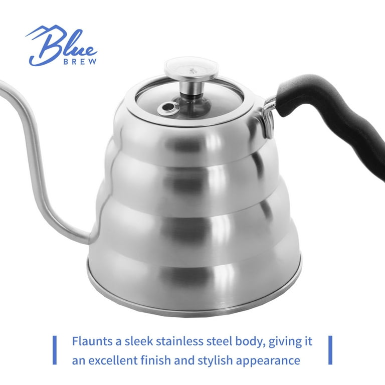 Blue Brew BB1201 Pour Over Kettle with Thermometer and Glass Lid Top | 40 fl oz (1.2 Liter) Gooseneck Stainless Steel Kettle | Coffee Accessories