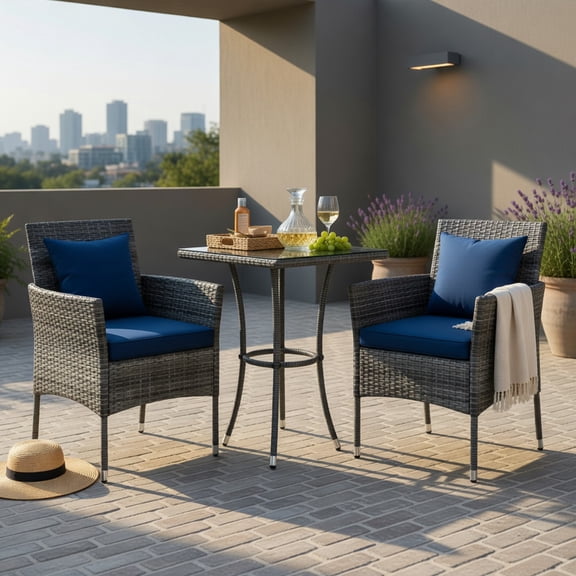 Hommoo 3-Piece Outdoor Patio Furniture Set, PE Rattan Chairs with Removable Cushions & Tempered Glass Coffee Table for Porch, Backyard, Garden, Navy