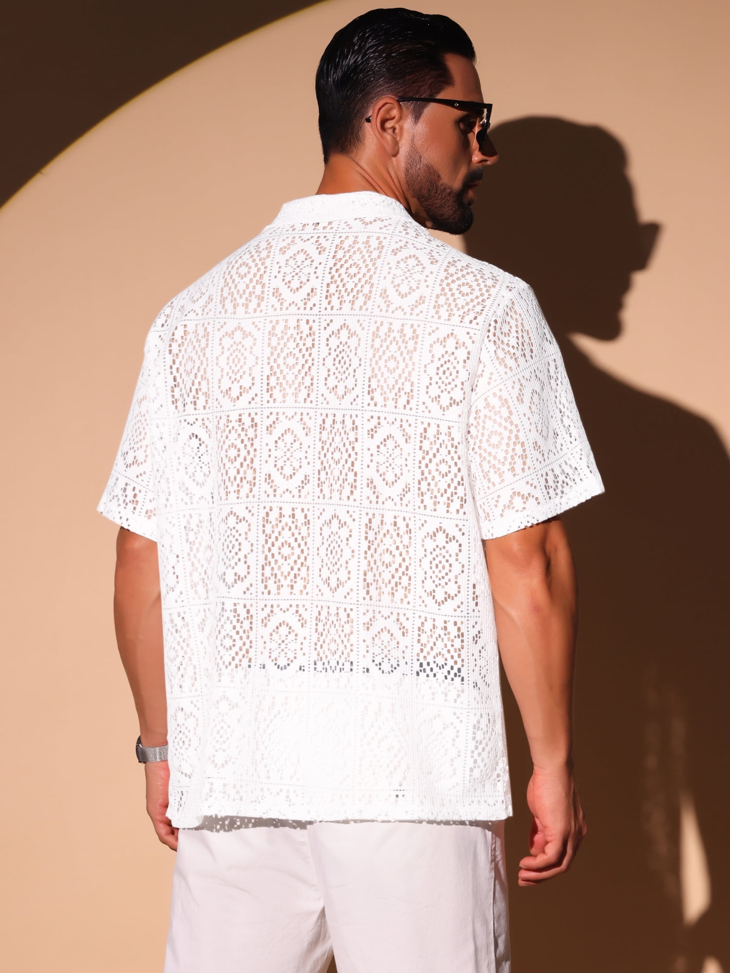 DARING DIVA Men's Hollow Lace Button Down Short Sleeve See Through Mesh Shirts S White