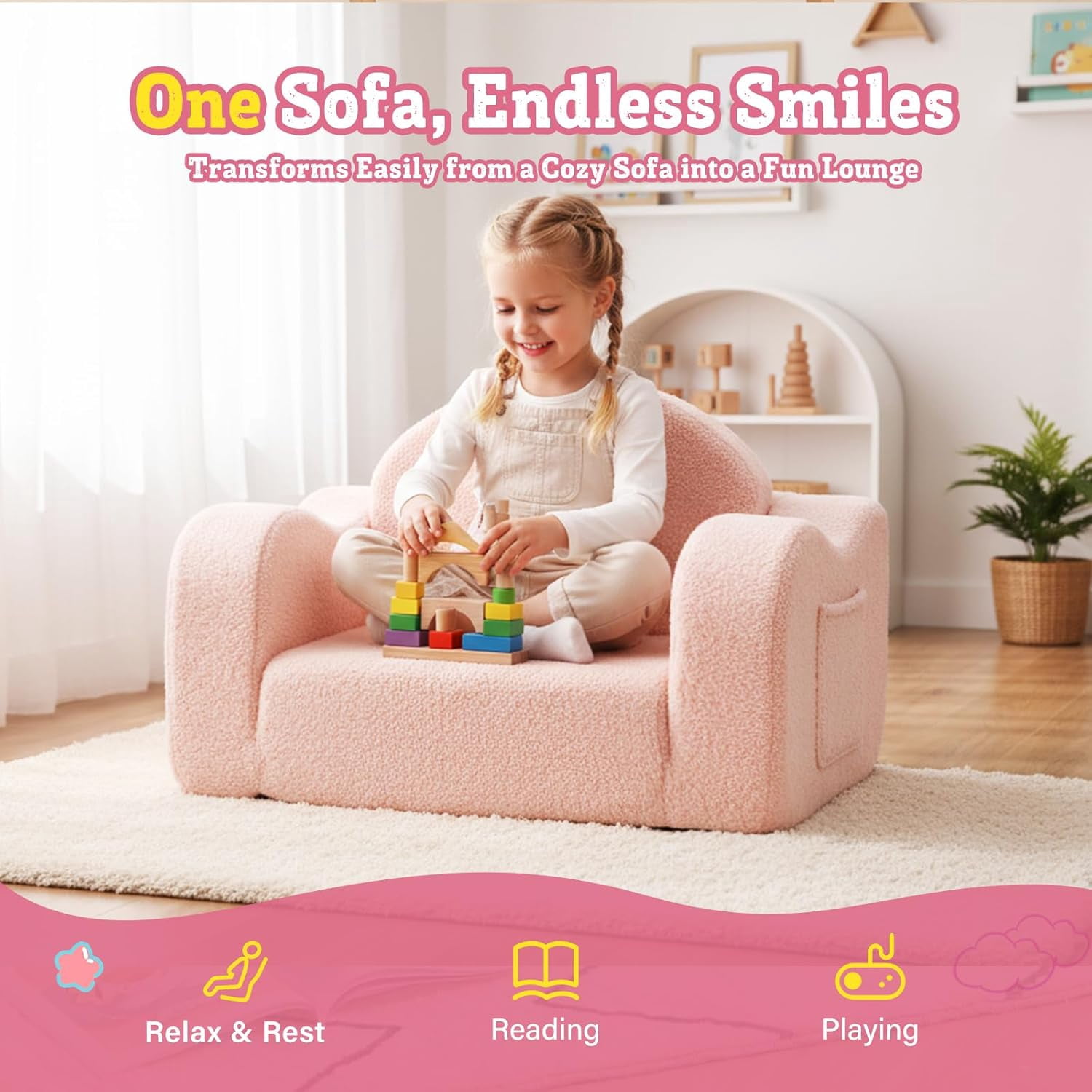 Kids Sofa 2-in-1 Soft  Toddler Chair Convertible Lounger with Side Pockets