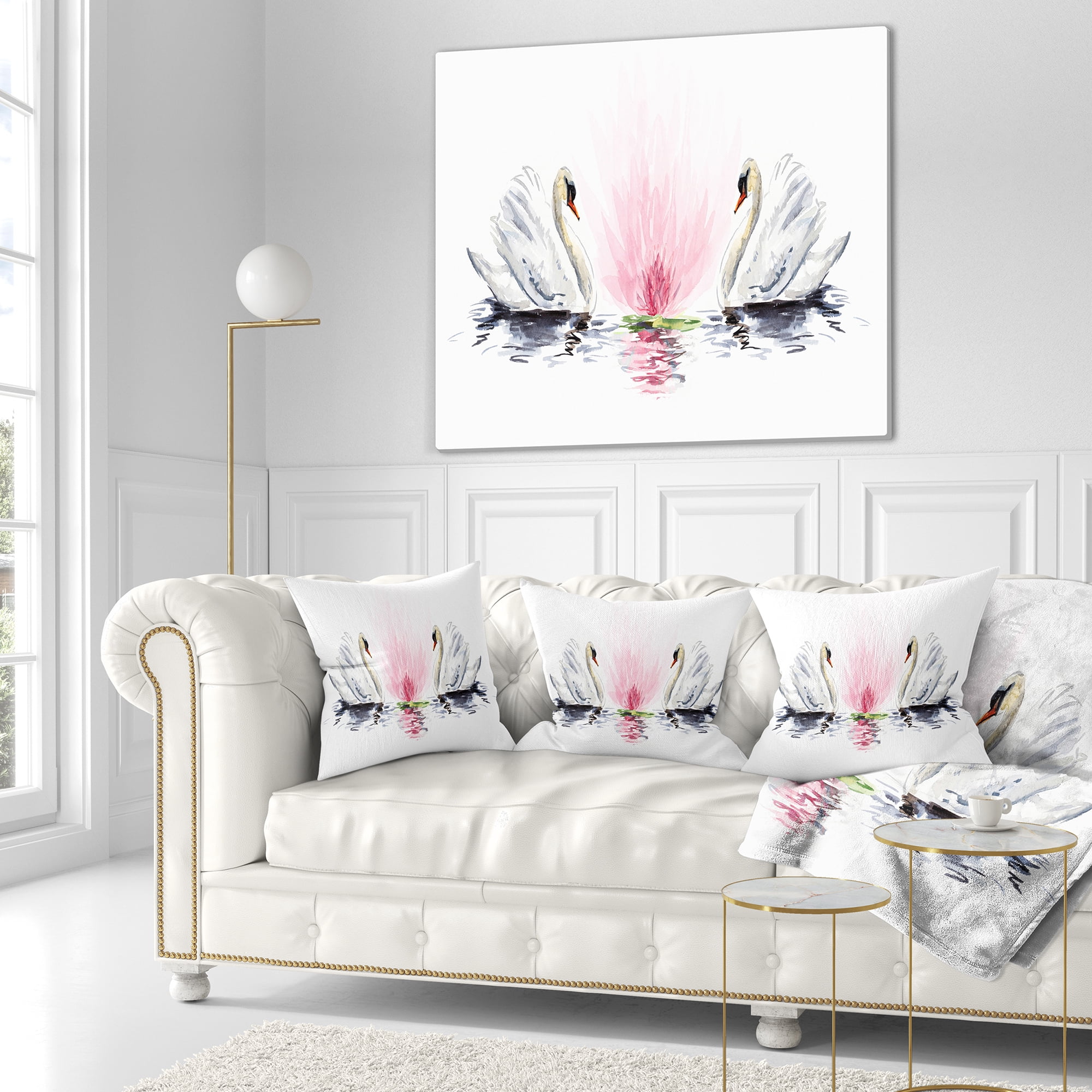 Designart Floating Swans on White Background - Animal Throw Pillow - 16x16