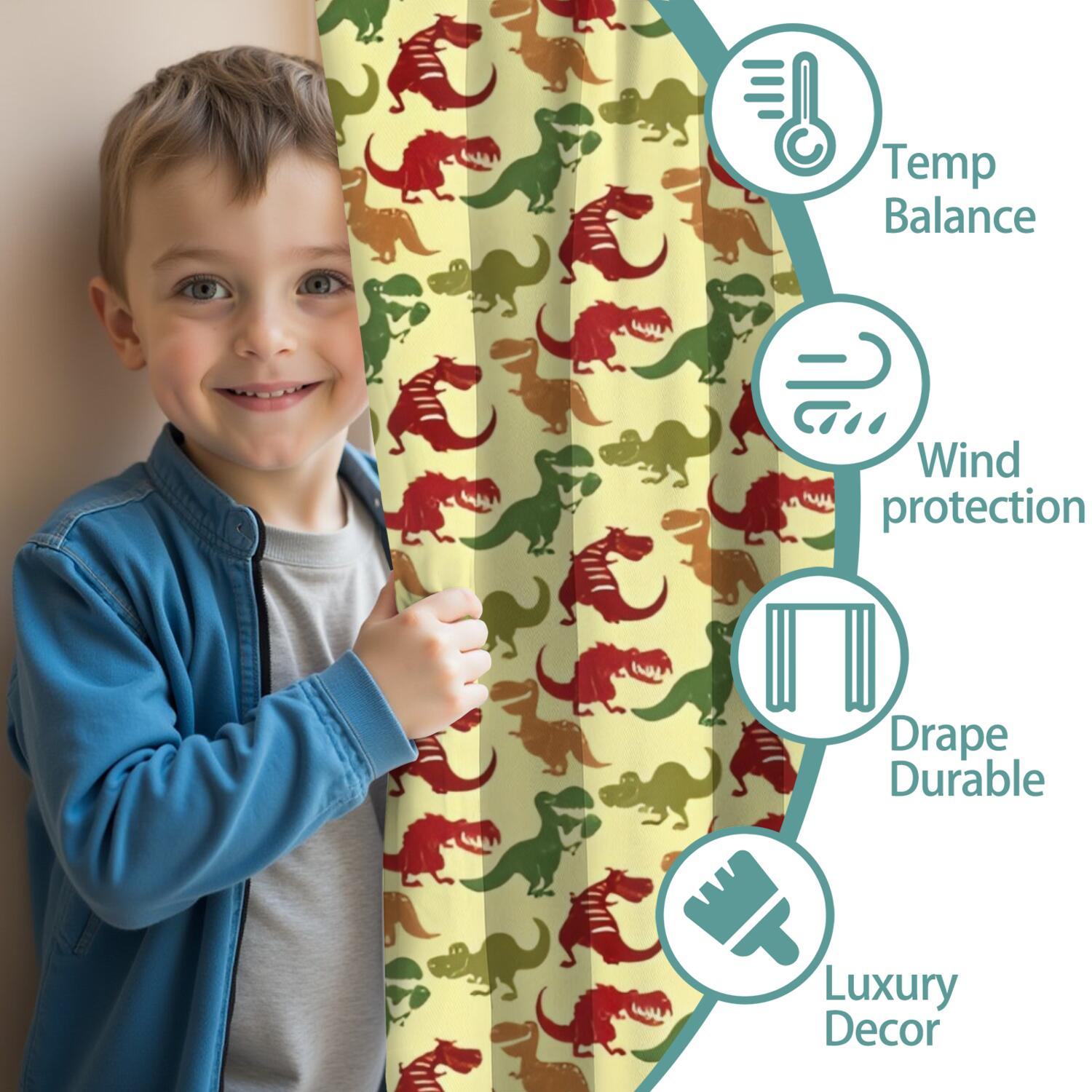 Blackout Kids Curtains,Yellow Cartoon Dinosaurs Pattern Childrens Insulated Curtains Set Of 2,Bedroom Essentials,Toddler Room Decor 42"x63"