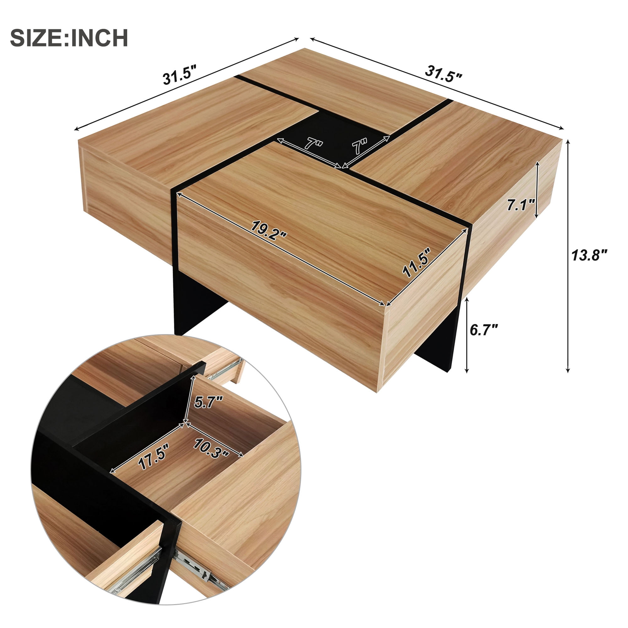 MAYEERTY Unique Design Coffee Table with 4 Hidden Storage Compartments, Square Cocktail Table with Extendable Sliding Tabletop, UV High-Gloss Center Table for Living Room, 31.5"x 31.5",Brown