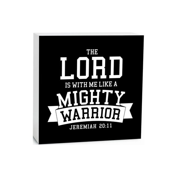 He Is Mighty Warrior White Bold Banner 5 x 5 Wood Tabletop Sign Plaque